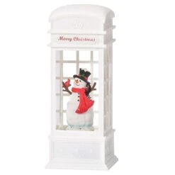 Roman LED Multicolored Snowman In English Phone Booth Water Lantern With Swirling Glitter Indoor Chr