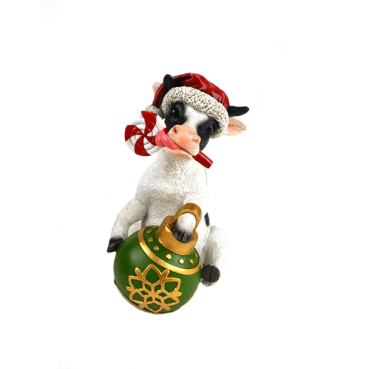 Touch Of Nature Multicolored Holiday Cow With Santa Hat Figurine 7.5 In.