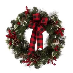 Glitzhome 24 In. D LED Prelit Warm White Buffalo Bow Berry Holly Pine Cone Rattan Wreath