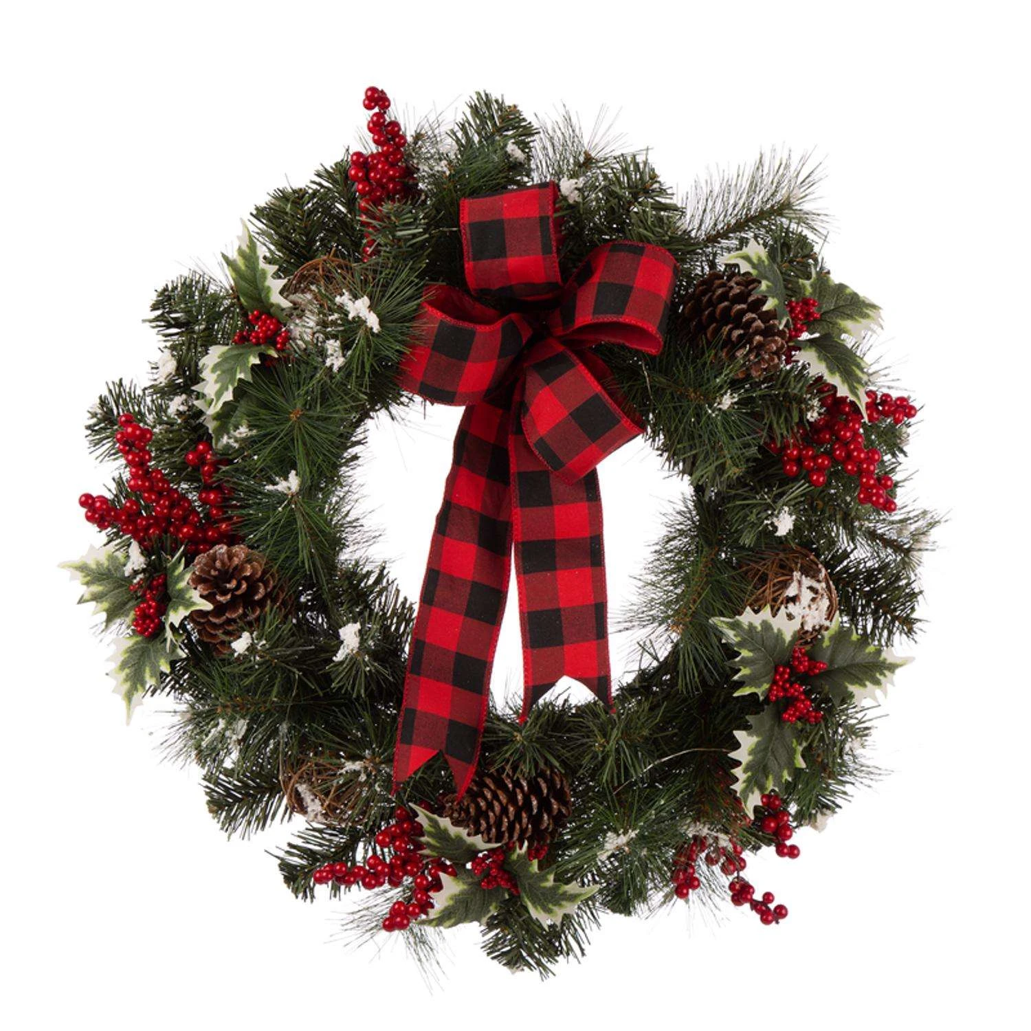 Glitzhome 24 In. D LED Prelit Warm White Buffalo Bow Berry Holly Pine Cone Rattan Wreath