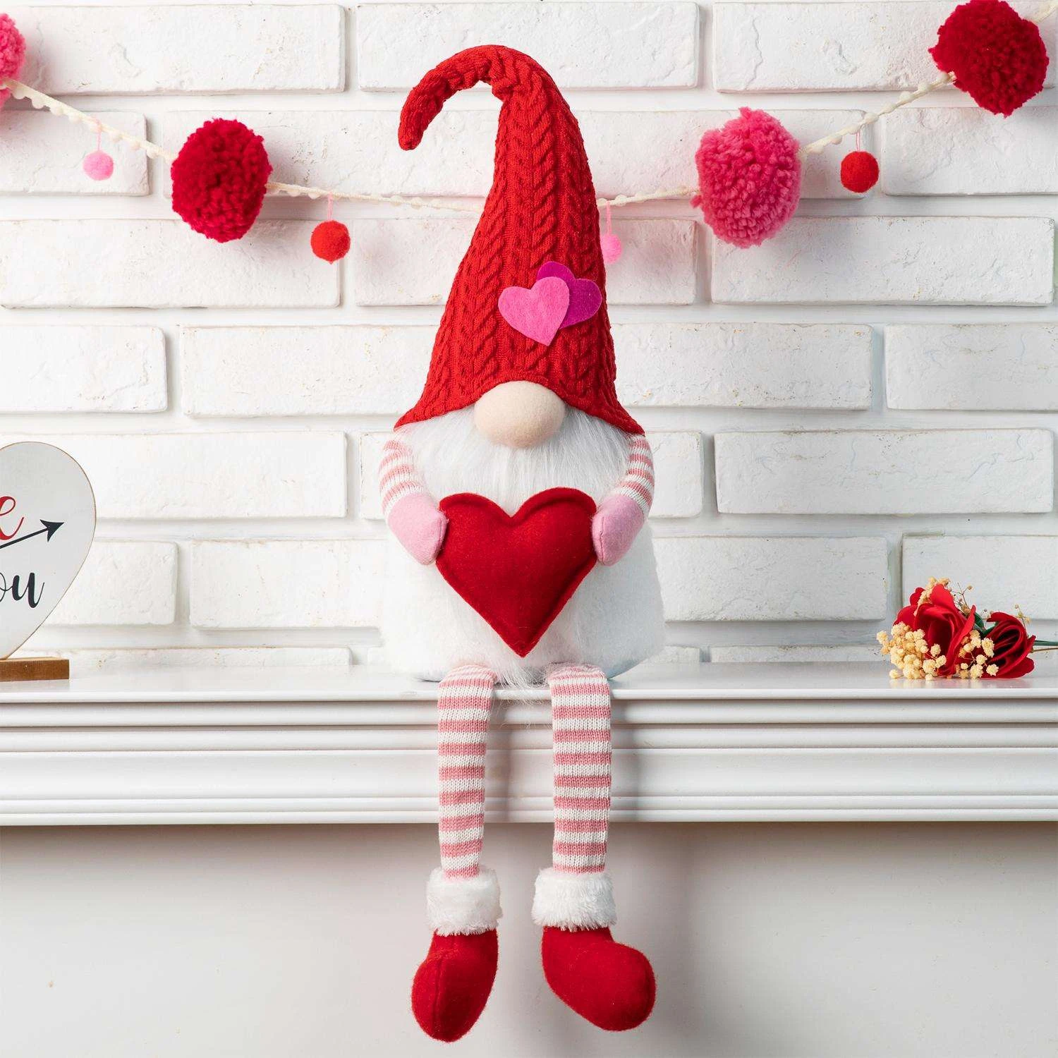 Glitzhome Valentine's Gnome Shelf Sitter With Dangling Legs Polyester/Sand 1 Pc - Image 2