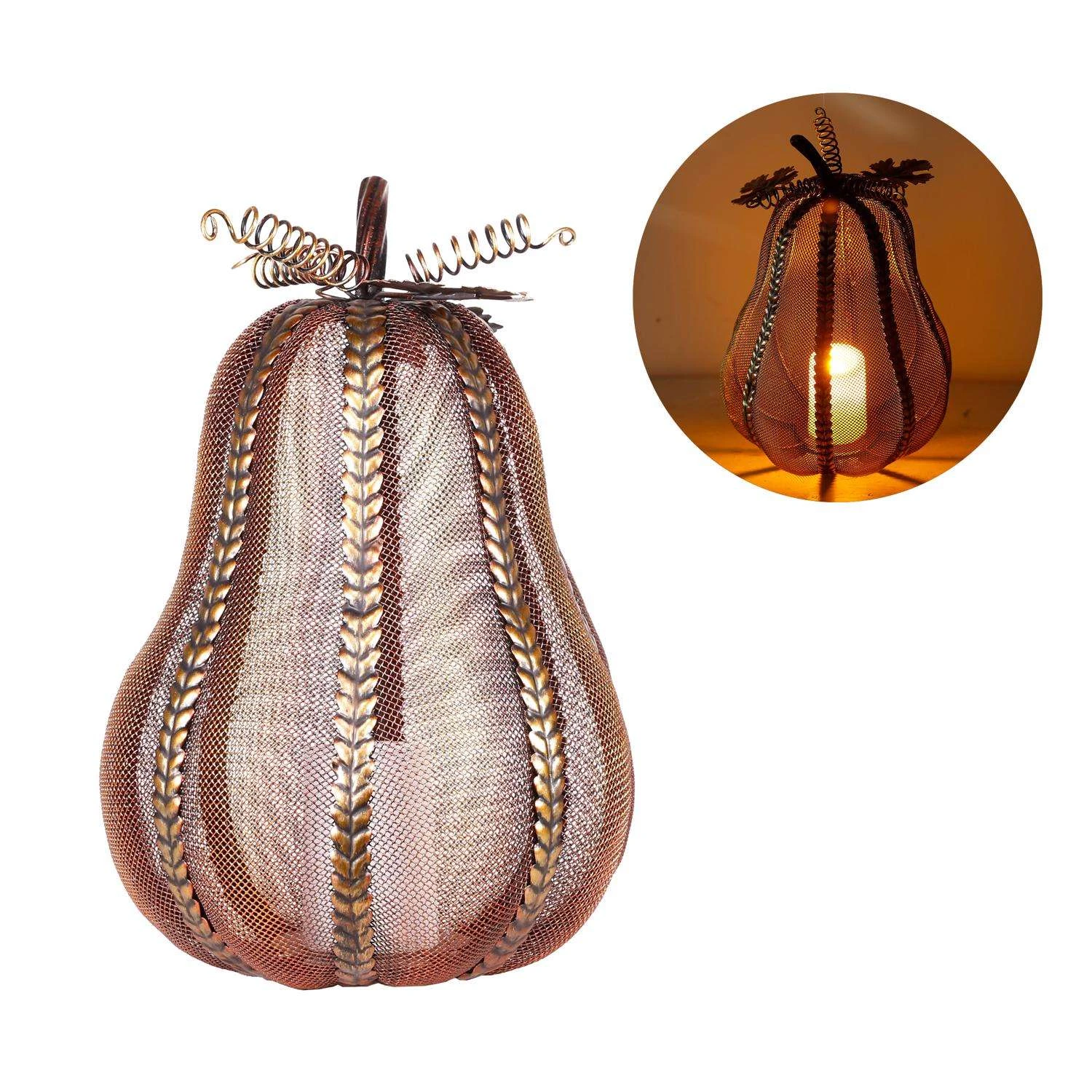 Alpine Warm Candle 12 In. LED Elongated Mesh Pumpkin With Candle Tabletop Decor