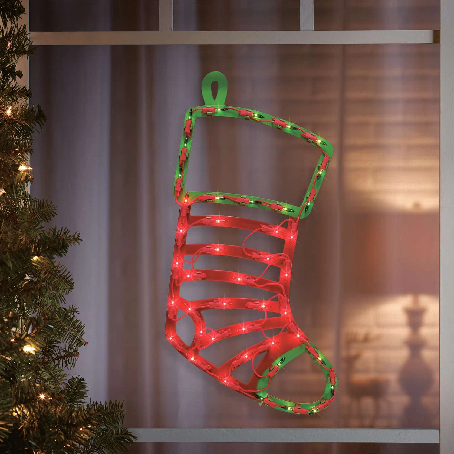 IG Design Green/Red Lit Stocking Silhouette Window Decoration 16 In. - Image 2