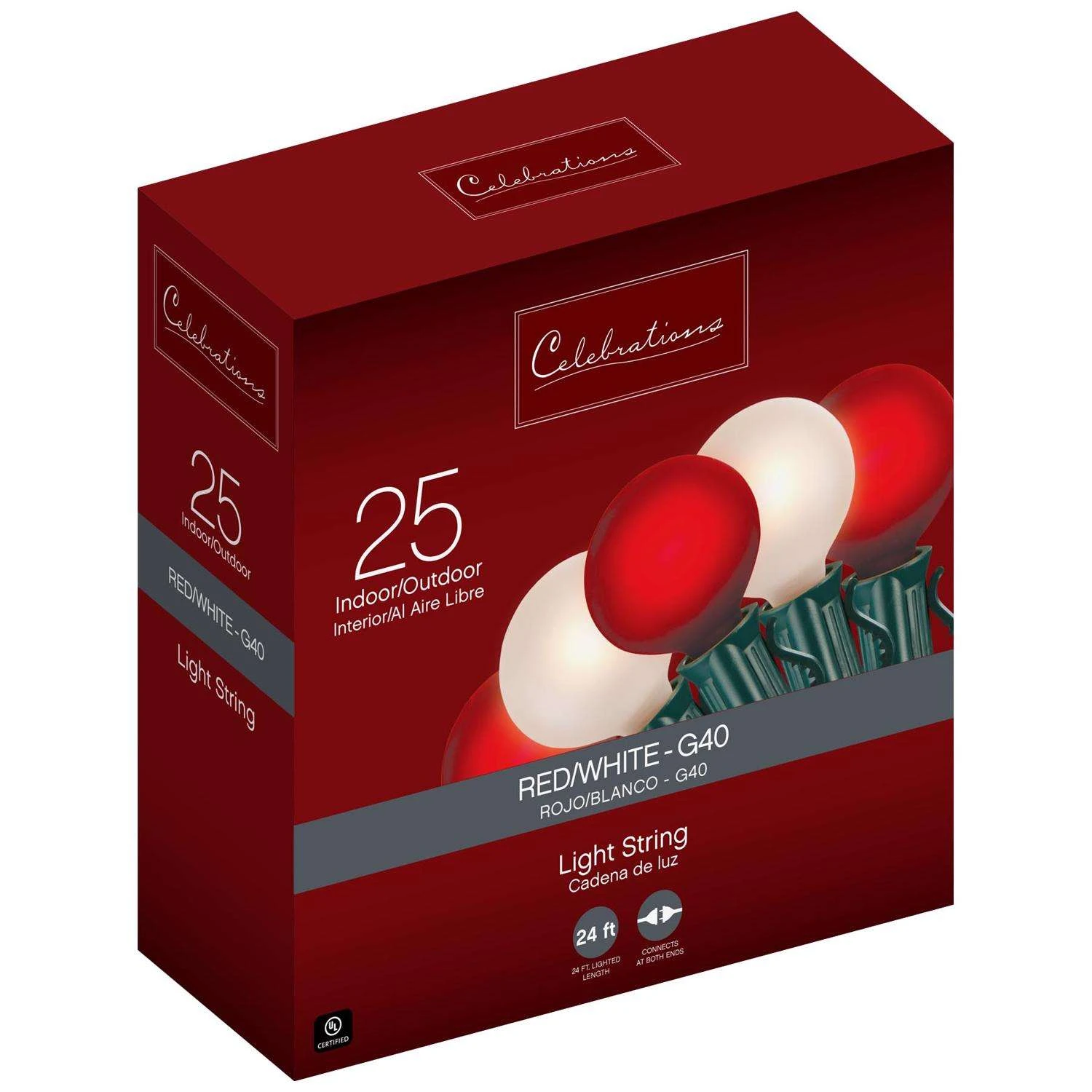 Celebrations Incandescent G40 Globe Red/White 25 Ct String Christmas Lights 24 Ft. - Image 2