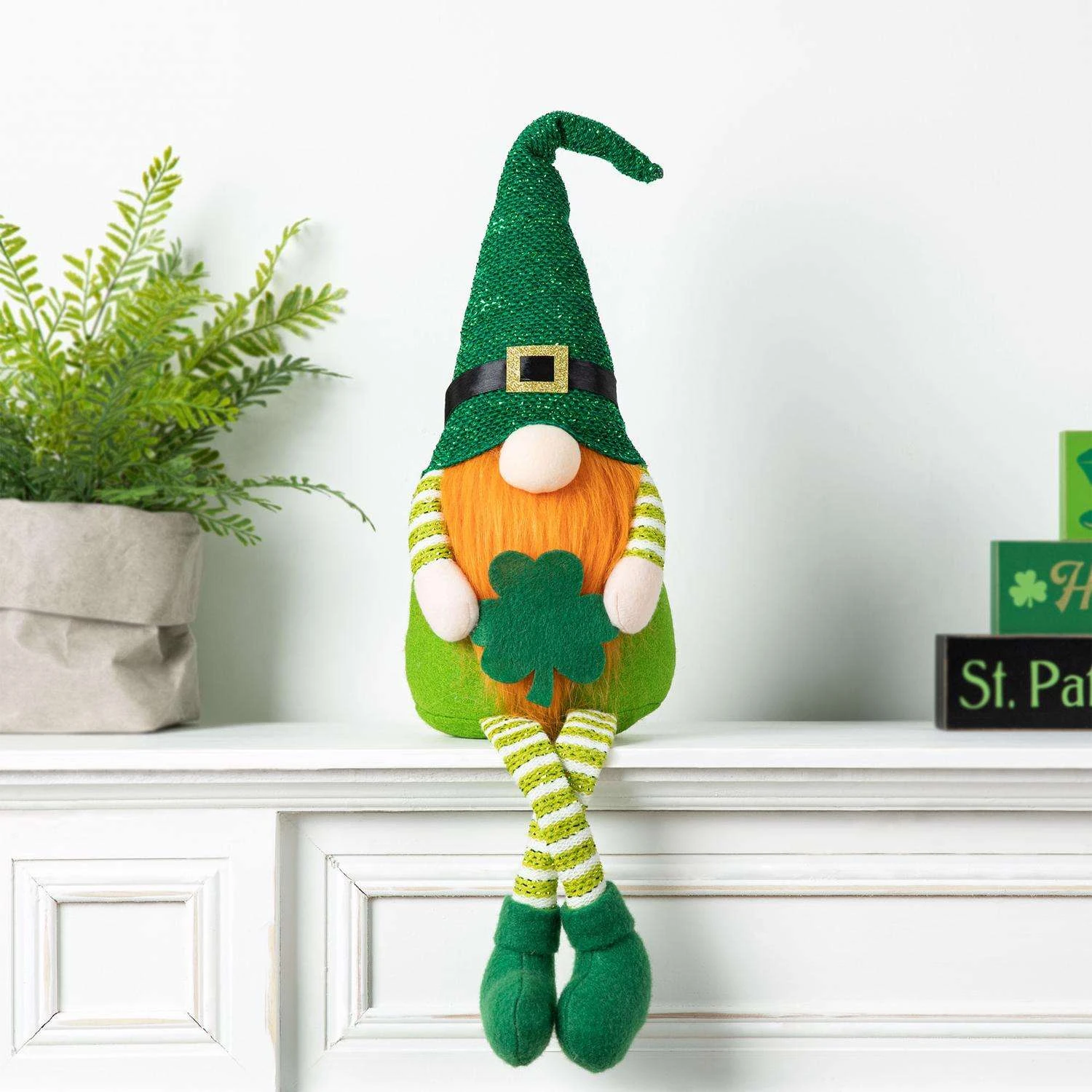 Glitzhome Happy St. Patrick's Day Gnome Shelf Sitter With Dangling Legs Polyester/Sand 1 Pc - Image 3