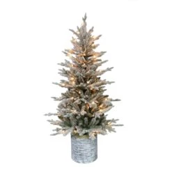 Puleo International 4-1/2 Ft. Slim Incandescent 70 Ct Potted Flocked Arctic Fir Christmas Tree