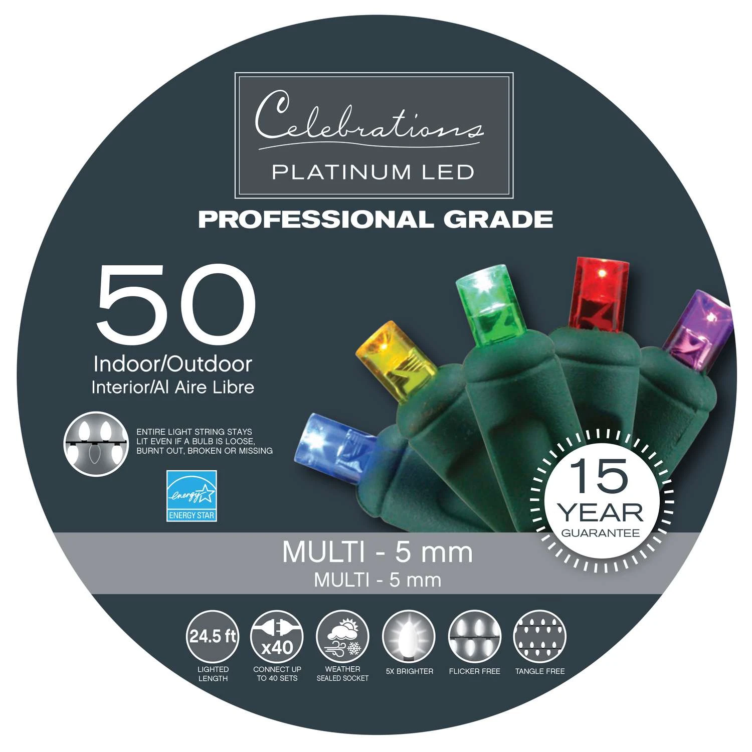 Celebrations Platinum LED Micro/5mm Multicolored 50 Ct String Christmas Lights 24.5 Ft.