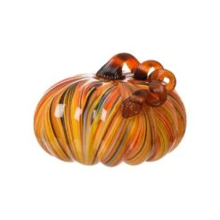 Glitzhome 6.50 In. Multi Striped Glass Large Pumpkin Tabletop Decor