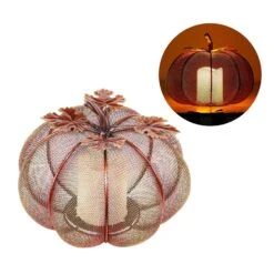 Alpine Warm Candle 8 In. LED Mesh Pumpkin With Candle Tabletop Decor