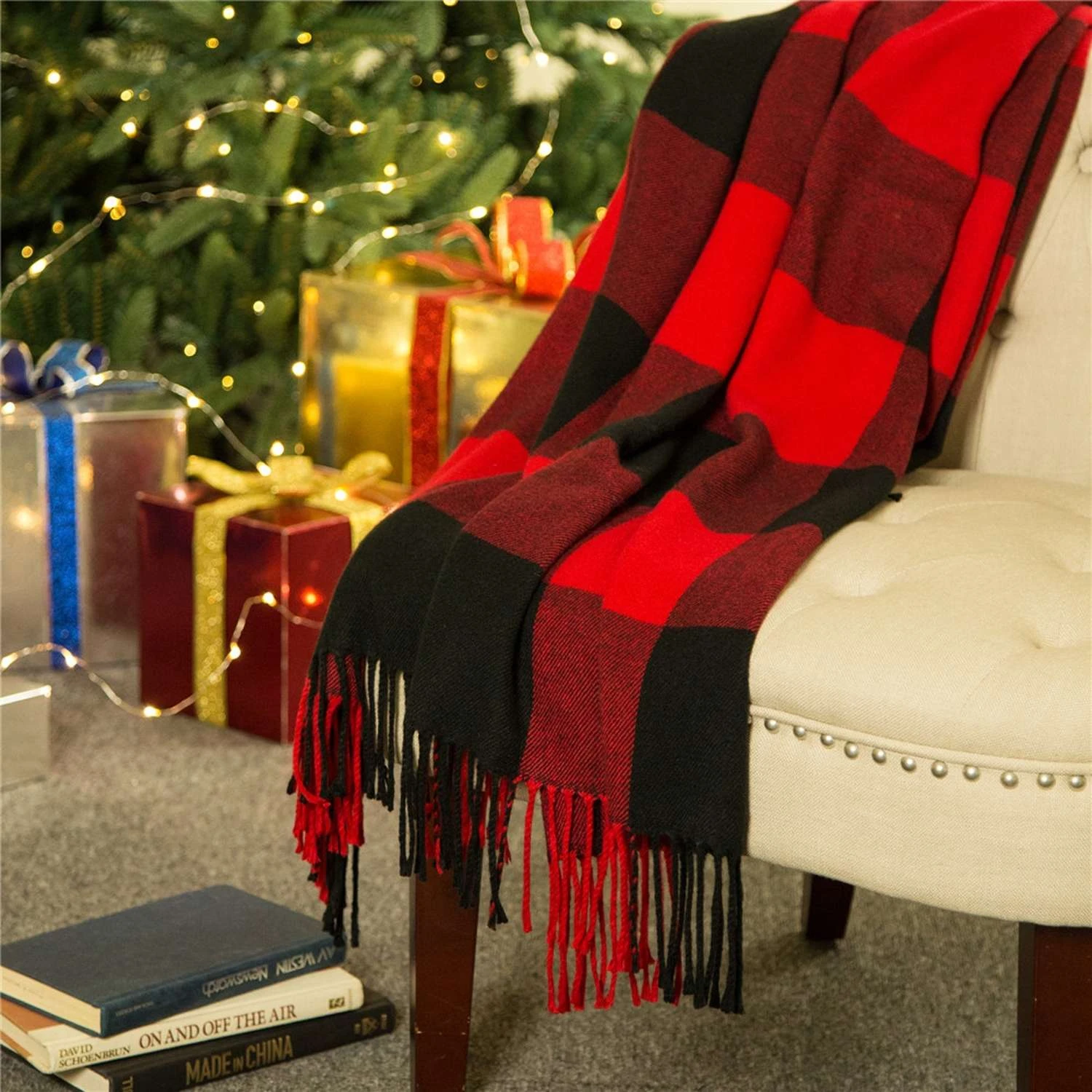 Glitzhome Multicolored Plaid Check Tassel Blanket - Image 5