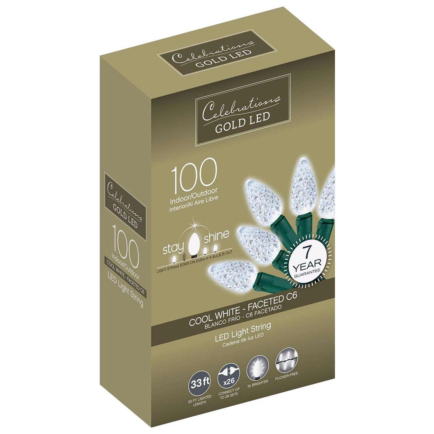 Celebrations Gold LED C6 Cool White 100 Ct String Christmas Lights 33 Ft.