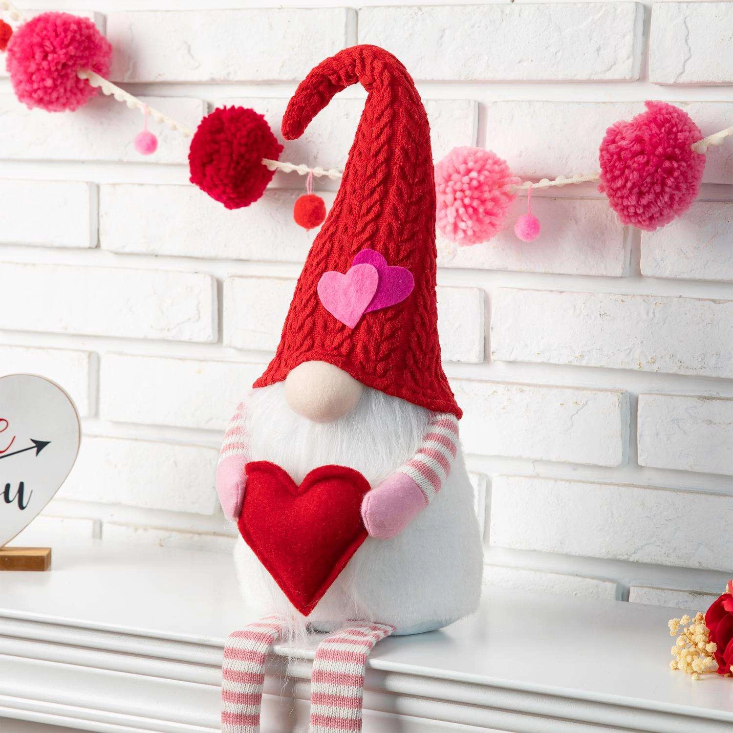 Glitzhome Valentine's Gnome Shelf Sitter With Dangling Legs Polyester/Sand 1 Pc - Image 3