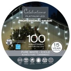 Celebrations Platinum LED T5 Pure White 100 Ct Icicle Christmas Lights 9.5 Ft.