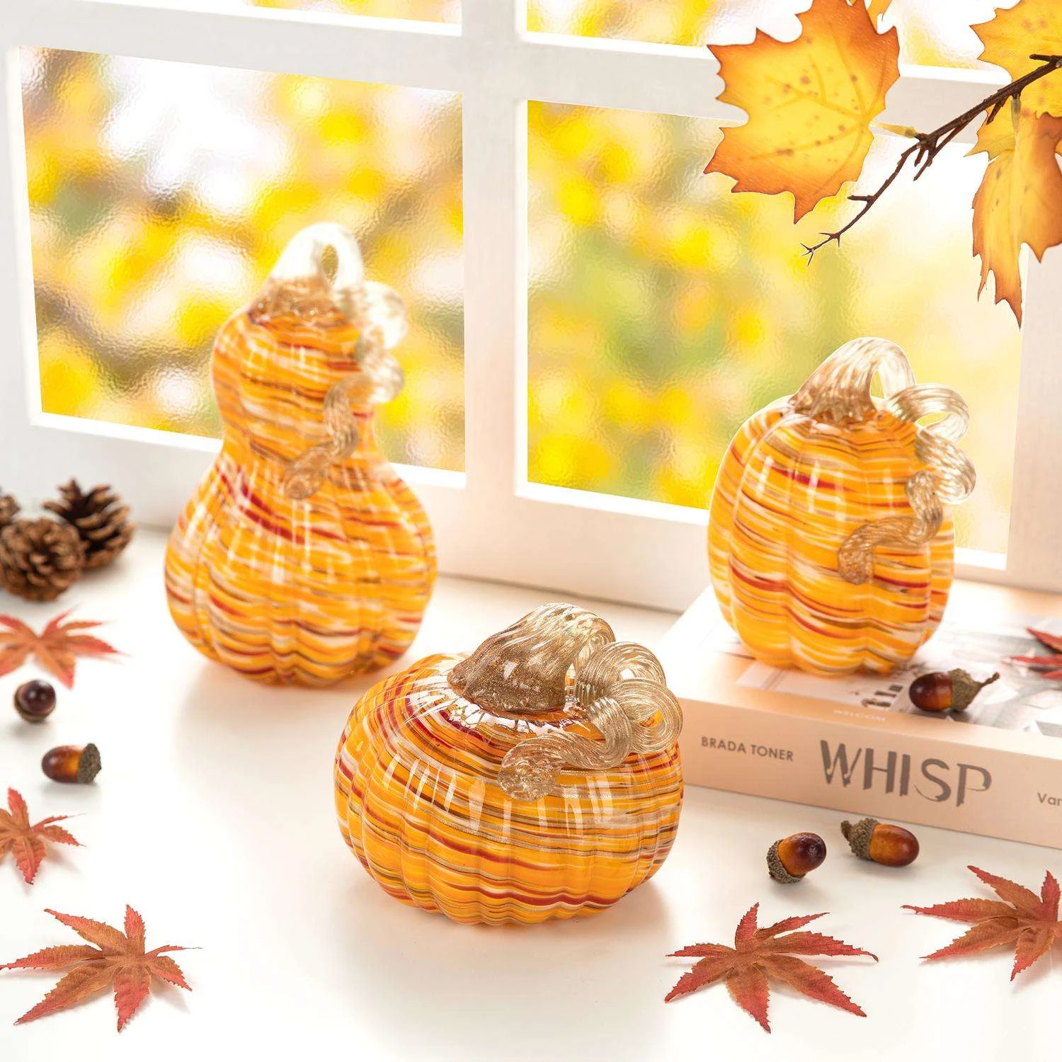 Glitzhome Stripes Pumpkin Gourd Glass 3 Pc - Image 2