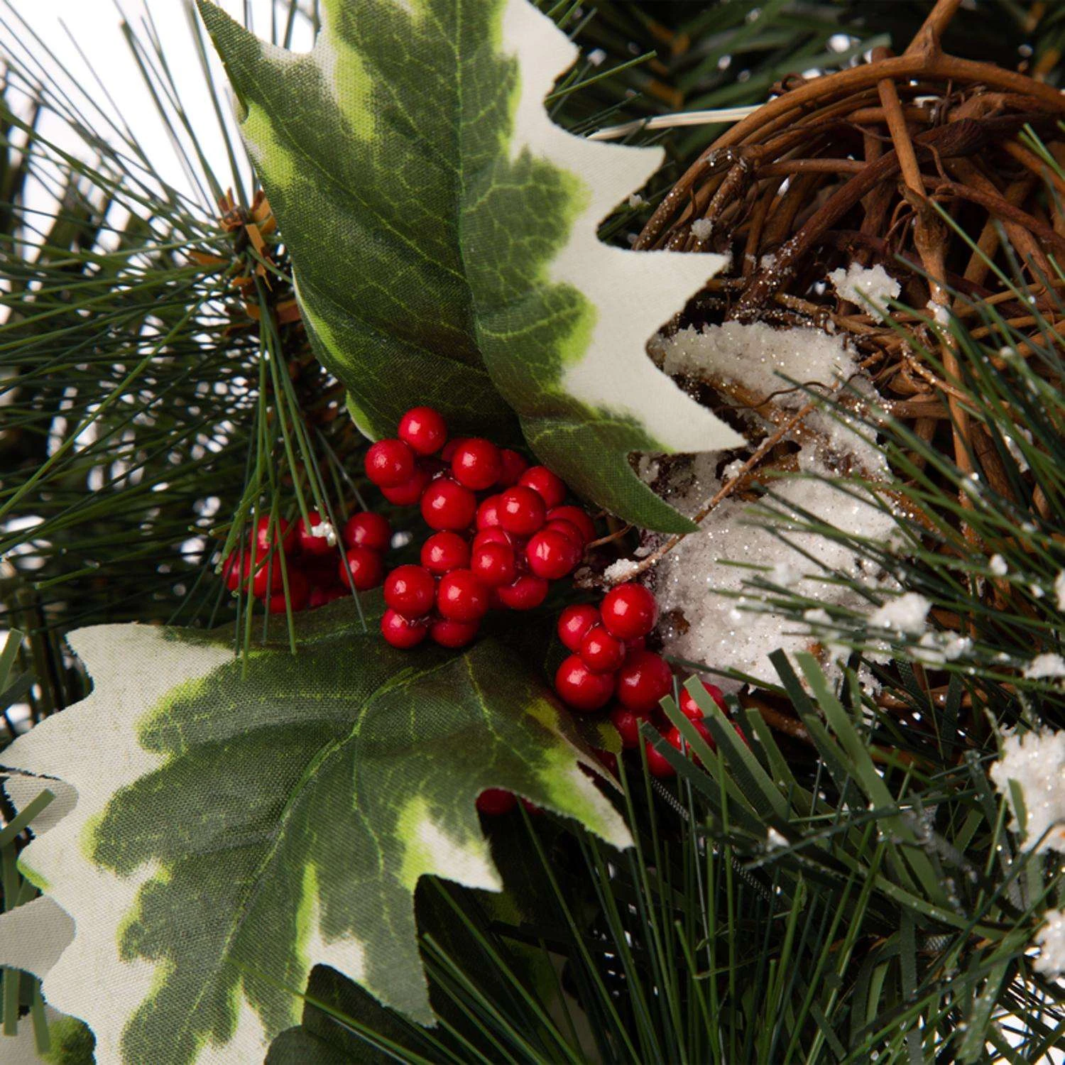 Glitzhome 24 In. D LED Prelit Warm White Buffalo Bow Berry Holly Pine Cone Rattan Wreath - Image 3