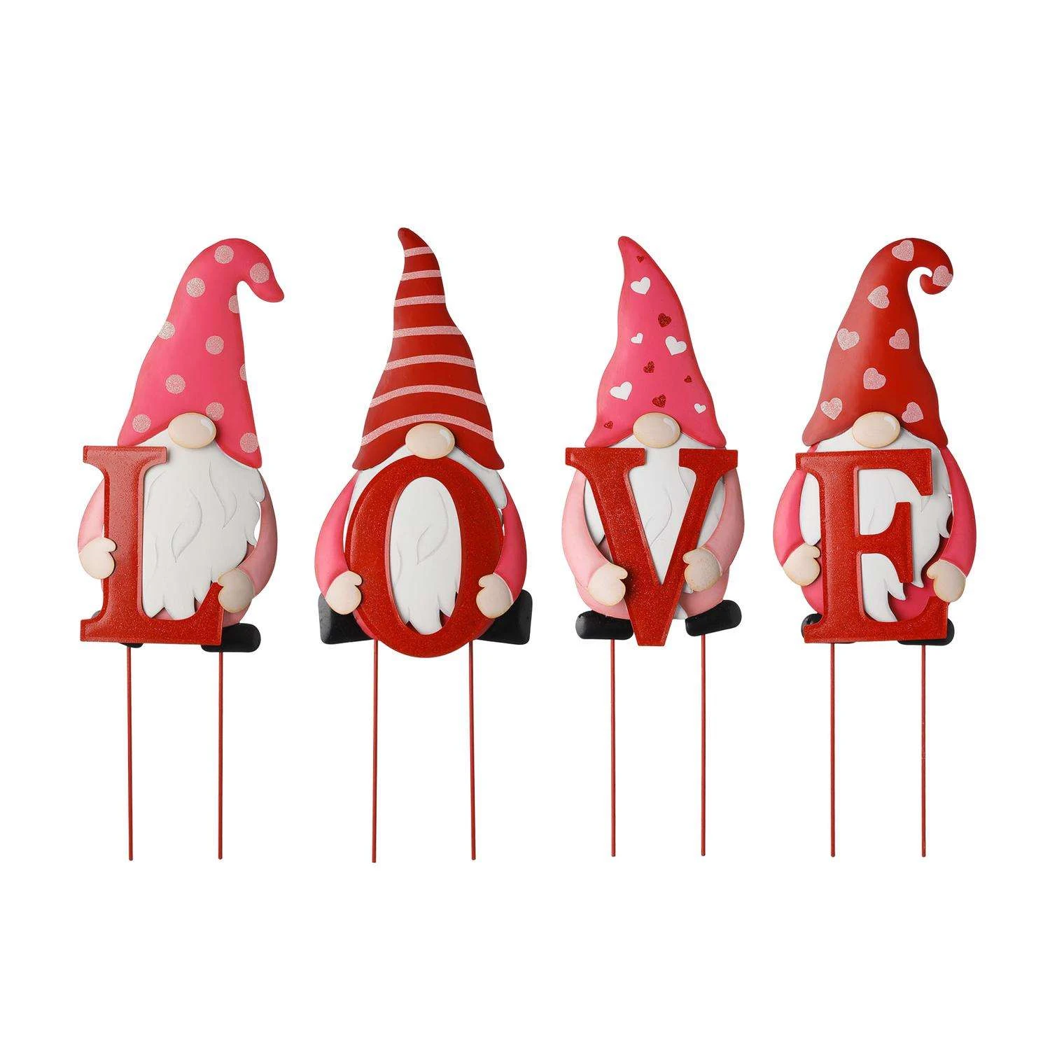 Glitzhome Valentine's Love Gnome Yard Stake With Hanging Sign Iron 4 Pc