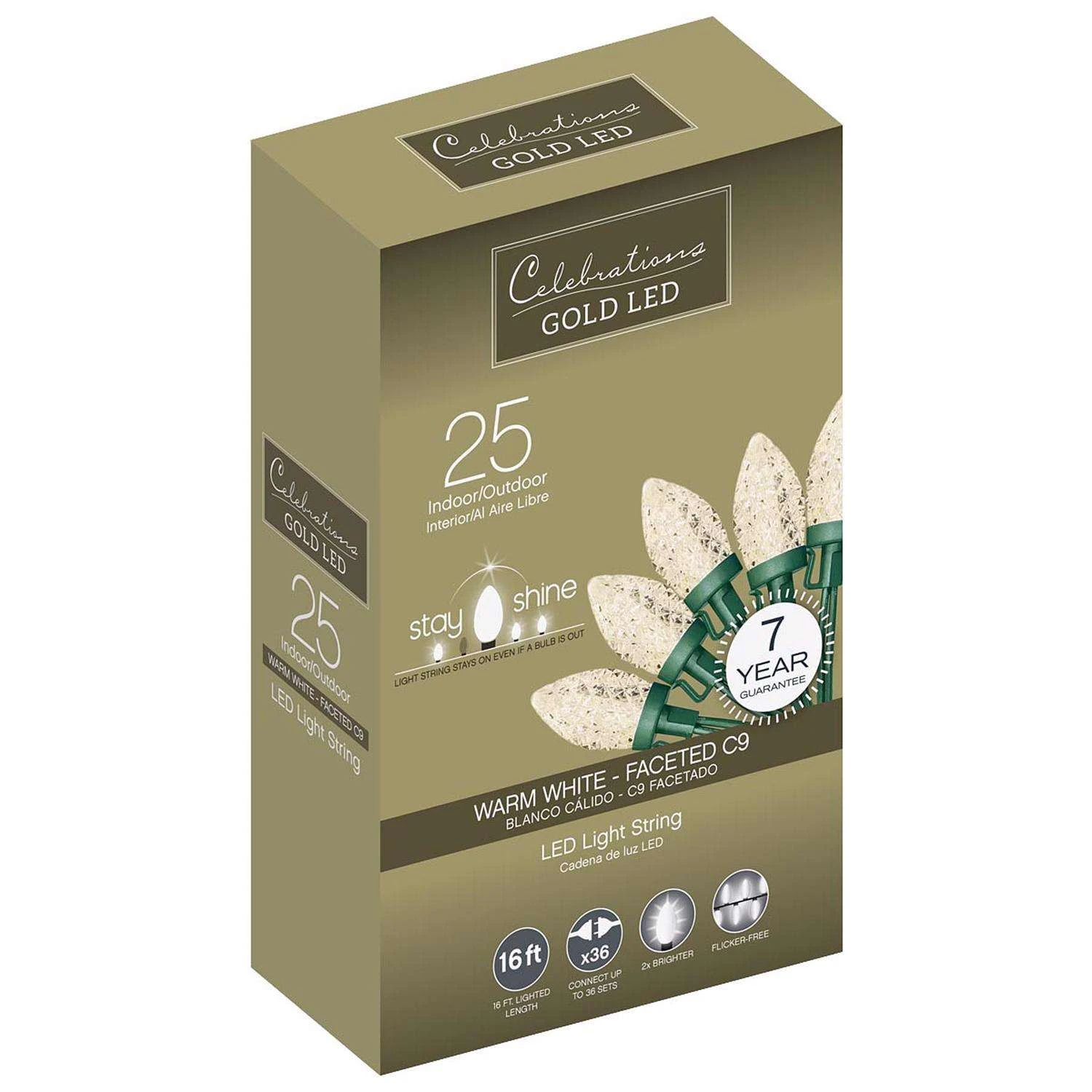 Celebrations Gold LED C9 Warm White 25 Ct String Christmas Lights 16 Ft.
