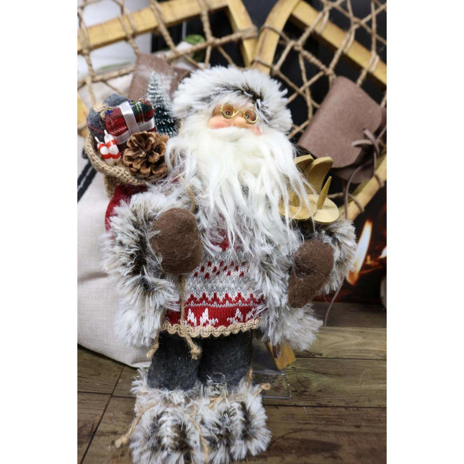 Decoris Multicolored Santa With Skies And Pinecone Figurine 12 In. - Image 2