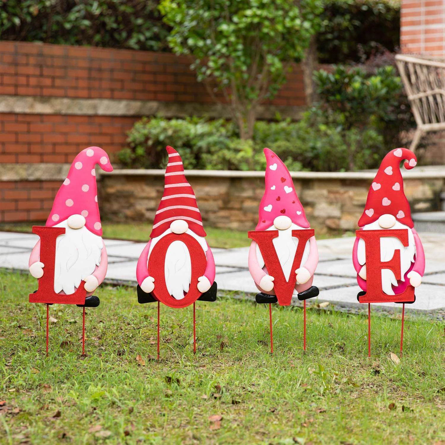 Glitzhome Valentine's Love Gnome Yard Stake With Hanging Sign Iron 4 Pc - Image 3