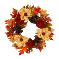 Glitzhome 5.25 In. Blooming Magnolia Wreath Fall Decor